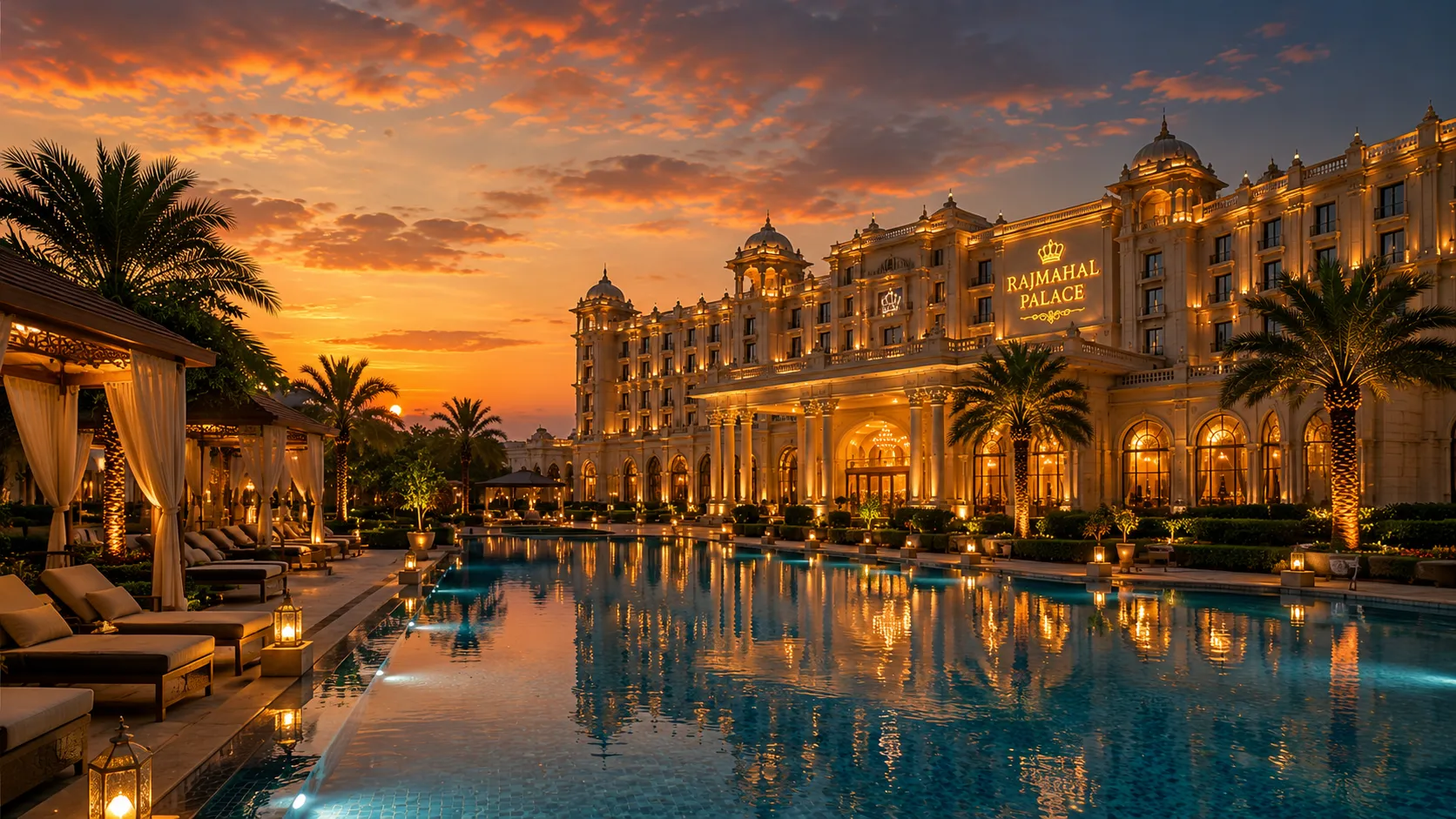 Luxury infinity pool at Rajmahal Palace featuring crystal-clear water, elegant cabanas, palm trees, warm golden lighting, and a stunning sunset view creating a premium five-star resort atmosphere.