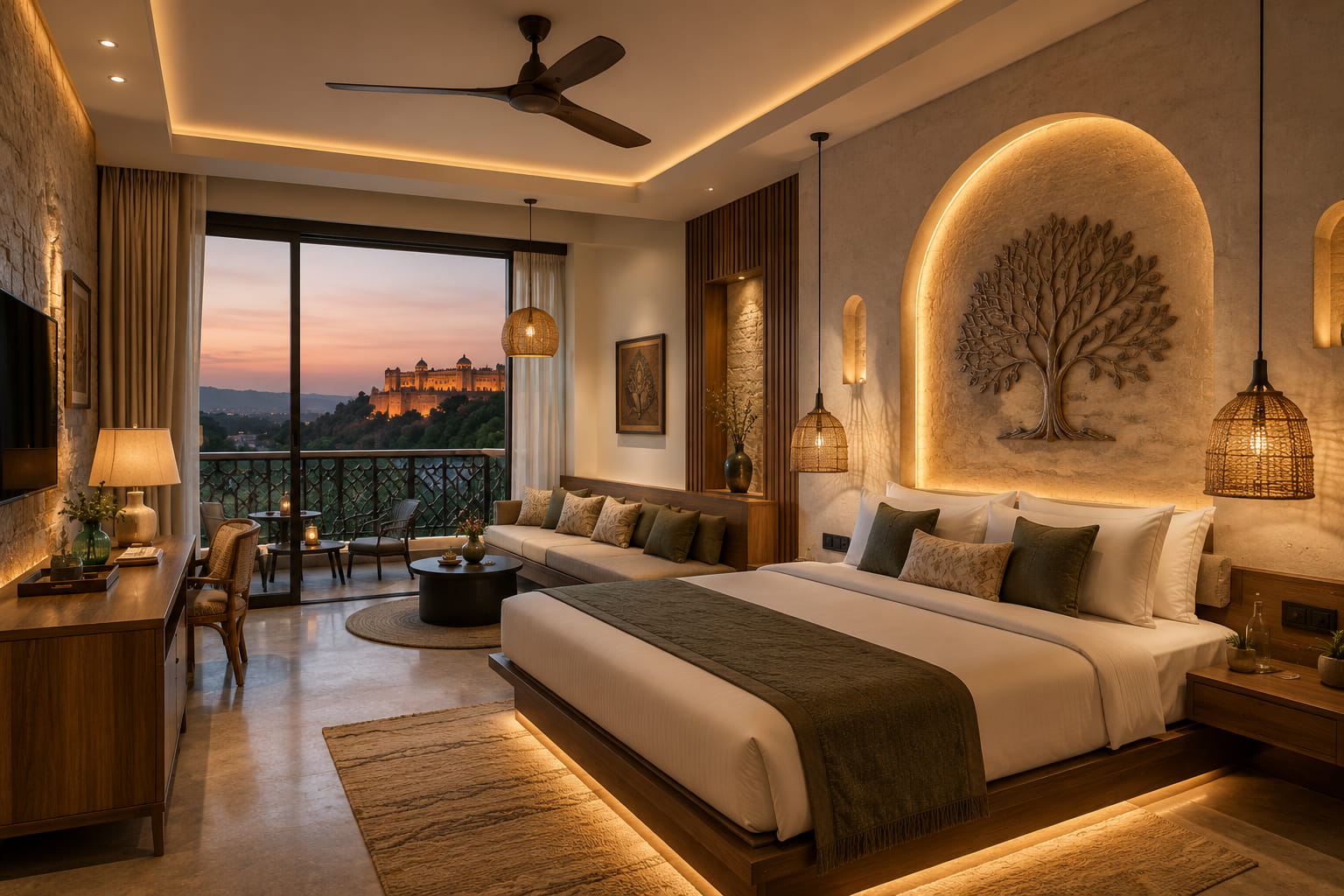 Luxury Heritage Suite at Rajmahal Stay featuring king-size bed, elegant interiors, private balcony, and stunning fort view at sunset.