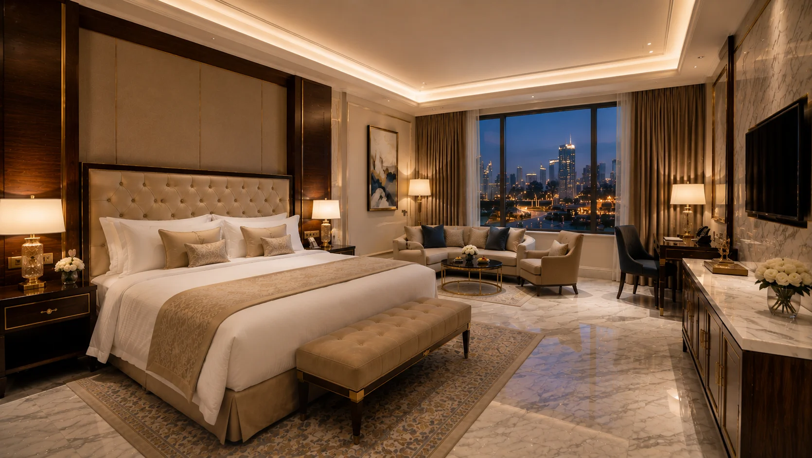 Spacious luxury suite featuring a king-size bed, elegant furnishings, premium décor, warm lighting, and modern amenities at Rajmahal Palace.