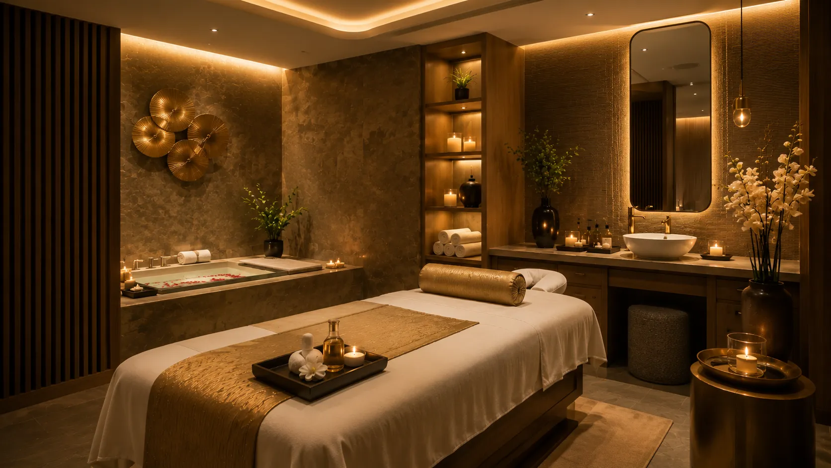 Elegant luxury spa treatment room at Rajmahal Palace featuring a massage bed, jacuzzi, warm ambient lighting, aromatic candles, premium décor, and a tranquil wellness atmosphere.