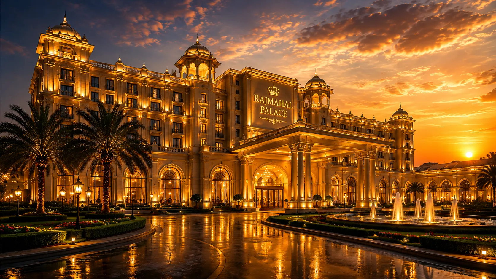 Illuminated exterior view of Rajmahal Palace luxury heritage hotel at night featuring grand colonial architecture, elegant entrance, palm trees, fountains, and warm golden lighting.