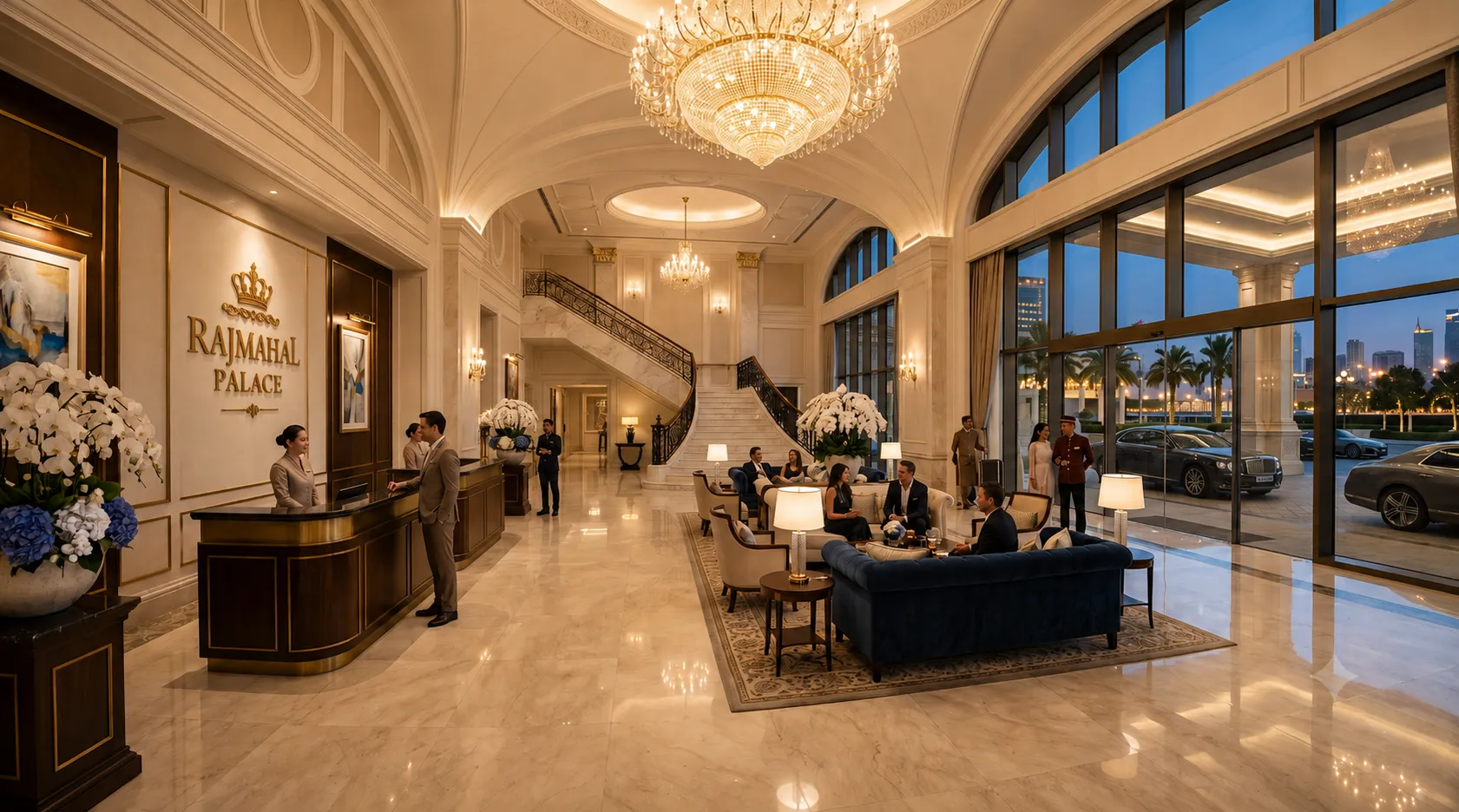 Luxury lobby interior of Rajmahal Palace featuring an elegant reception desk, grand staircase, crystal chandelier, premium seating area, and gold wall logo.