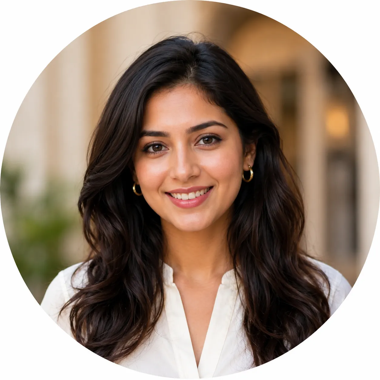 Smiling female hotel guest portrait with a warm, welcoming expression, ideal for a luxury hotel testimonial profile.