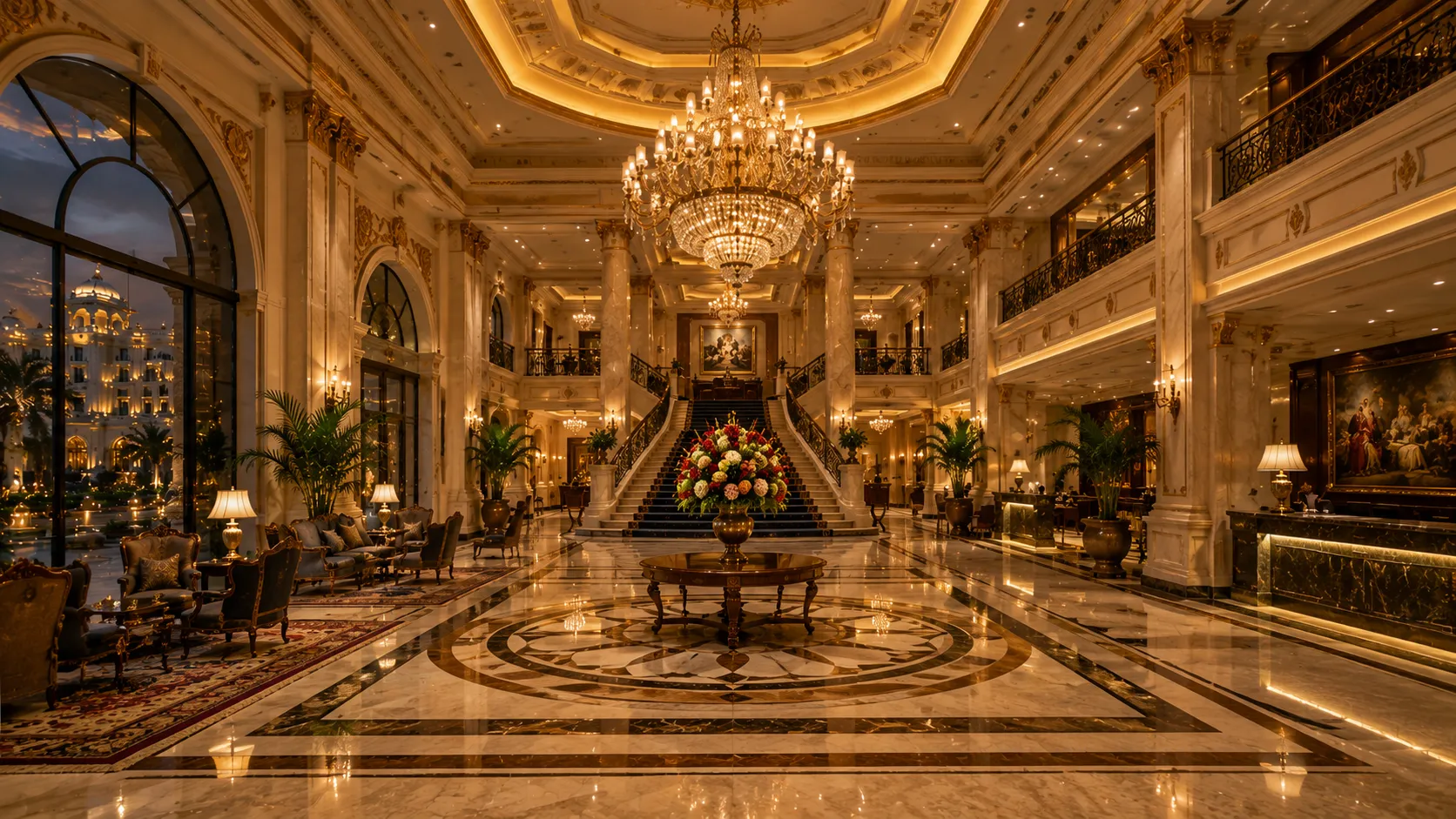 Magnificent grand lobby at Rajmahal Palace featuring a double-height ceiling, crystal chandeliers, grand staircase, polished marble flooring, elegant seating, and luxurious heritage interiors.