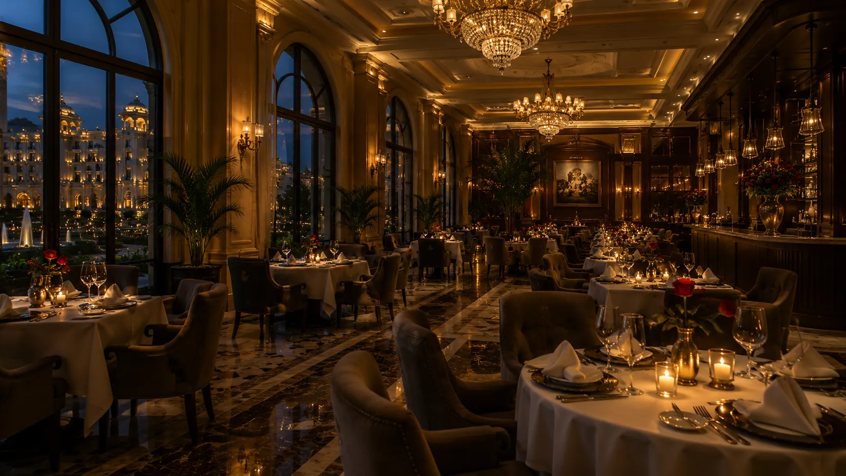 Elegant fine dining restaurant at Rajmahal Palace featuring candlelit tables, crystal chandeliers, luxurious interiors, panoramic palace views, and a sophisticated five-star dining ambiance.