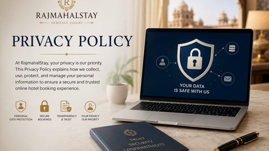 RajmahalStay Privacy Policy showing secure luxury hotel booking, guest data protection, online privacy, and website security.