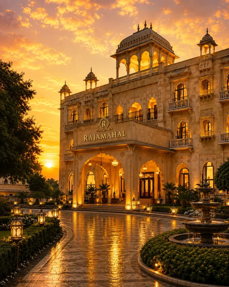 A luxurious Rajamahal heritage palace illuminated by warm golden-hour sunlight, featuring elegant Rajput architecture, grand arches, ornate domes, landscaped gardens, a reflective driveway, and a decorative fountain at the entrance.