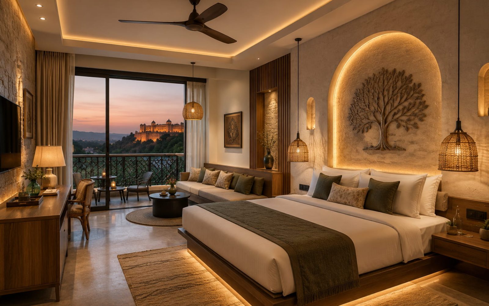 Luxury Heritage Suite at Rajmahal Stay featuring king-size bed, elegant interiors, private balcony, and stunning fort view at sunset.