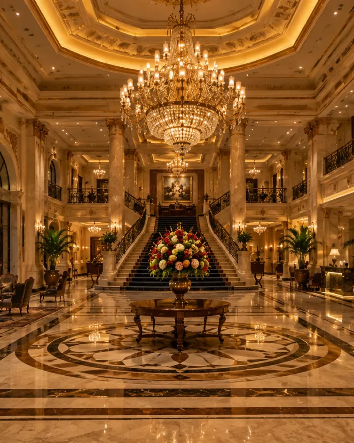 Magnificent grand lobby at Rajmahal Palace featuring a double-height ceiling, crystal chandeliers, grand staircase, polished marble flooring, elegant seating, and luxurious heritage interiors.